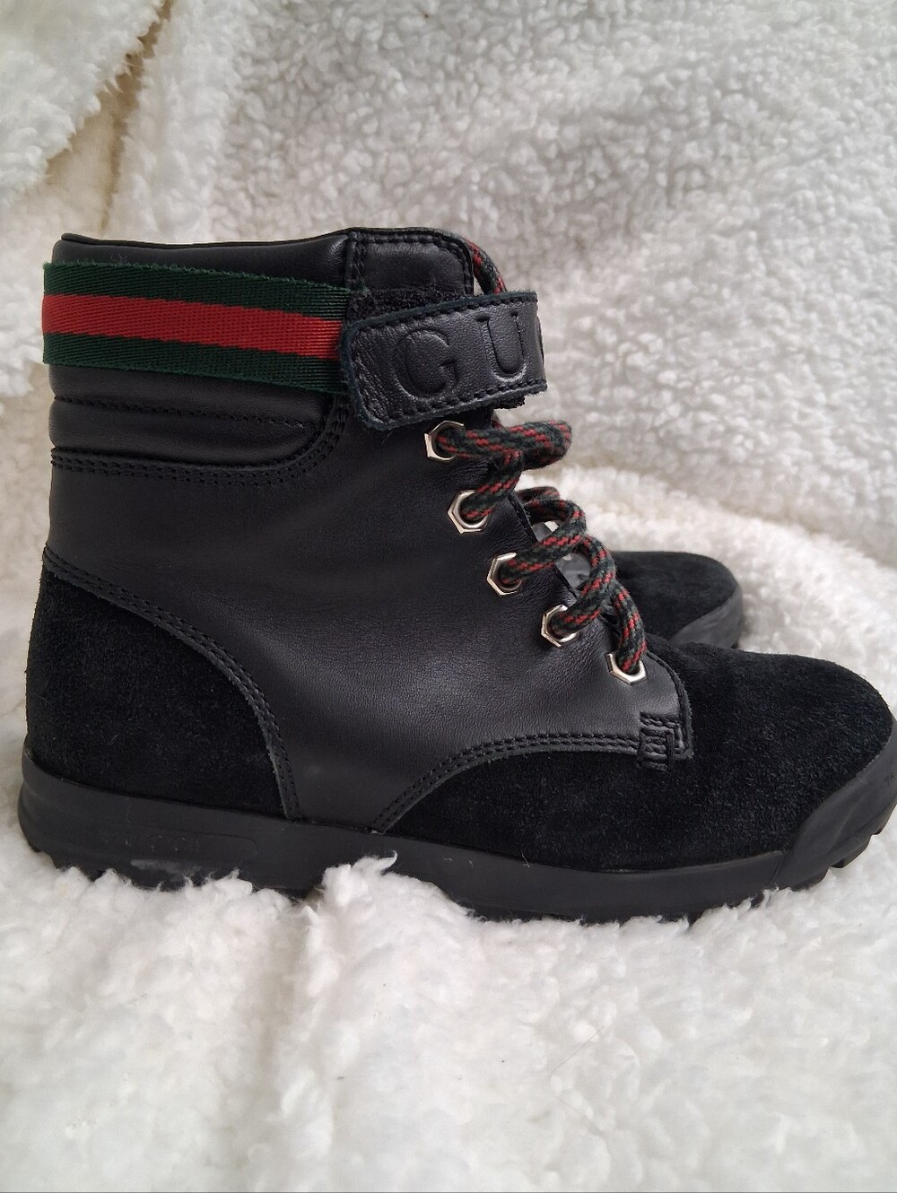 Gucci Kids Black Leather & Suede Boots with Red-Green Accent